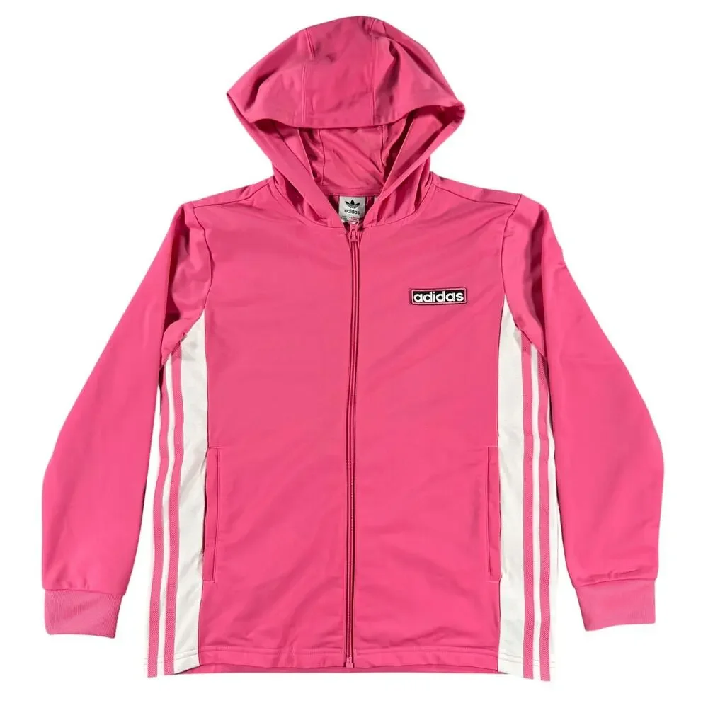 Adidas Full-Zip Button Hooded Track Jacket Youth Medium 3-Stripe Pink White
